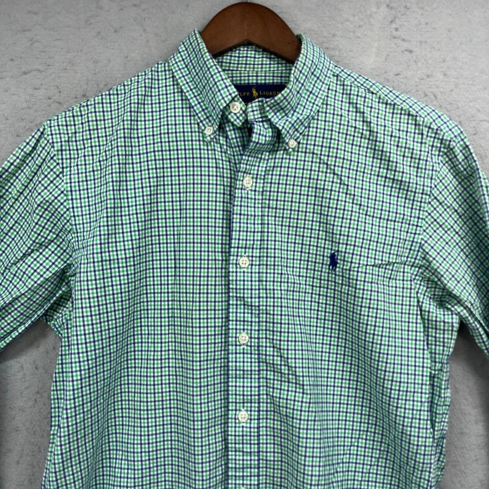 Ralph Lauren Shirt Mens M Green Blue Custom Fit Gingham Check Button Down Preppy